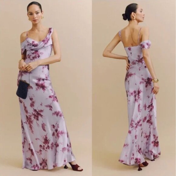 Reformation Ronda Asymmetric Cowl-Neck Silk Maxi Dress Purple | Size 0 - Picture 2 of 5